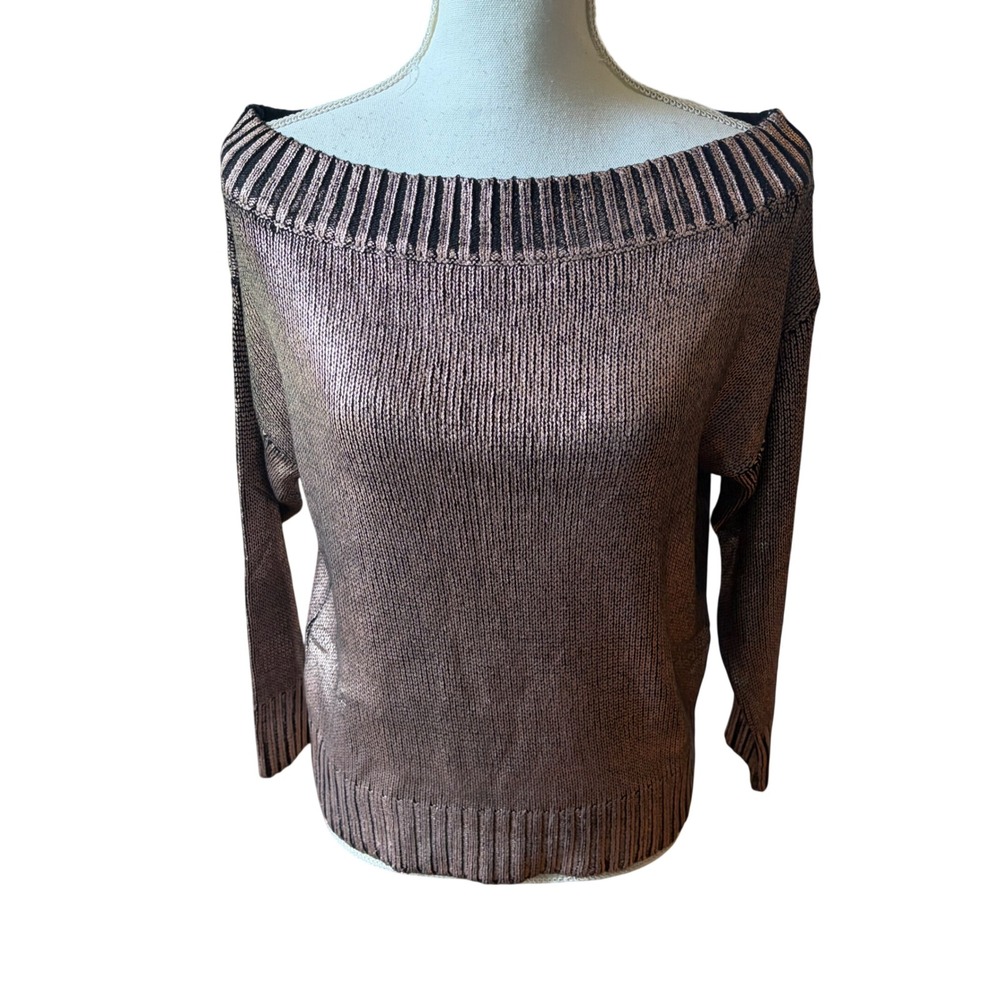 Superdown Rose Gold Metallic Knit Off Shoulder Sweater Size Small Shimmer Pink